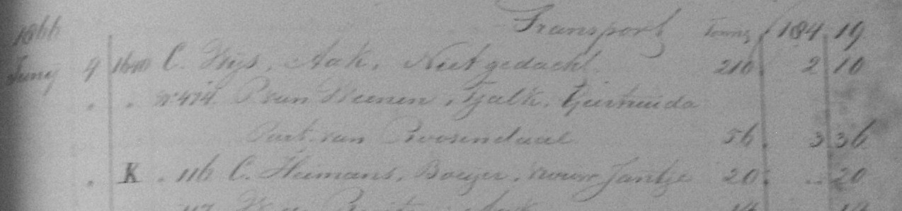 [pagina 127; Stadsarchief Dordrecht 68a-14 havengeld 1865-1866 (boek I)]. Gekregen van Erica van Gensearch in 2007.